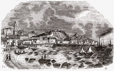 Stad en haven van Malaga, Spanje, midden 1800s door Spanish School
